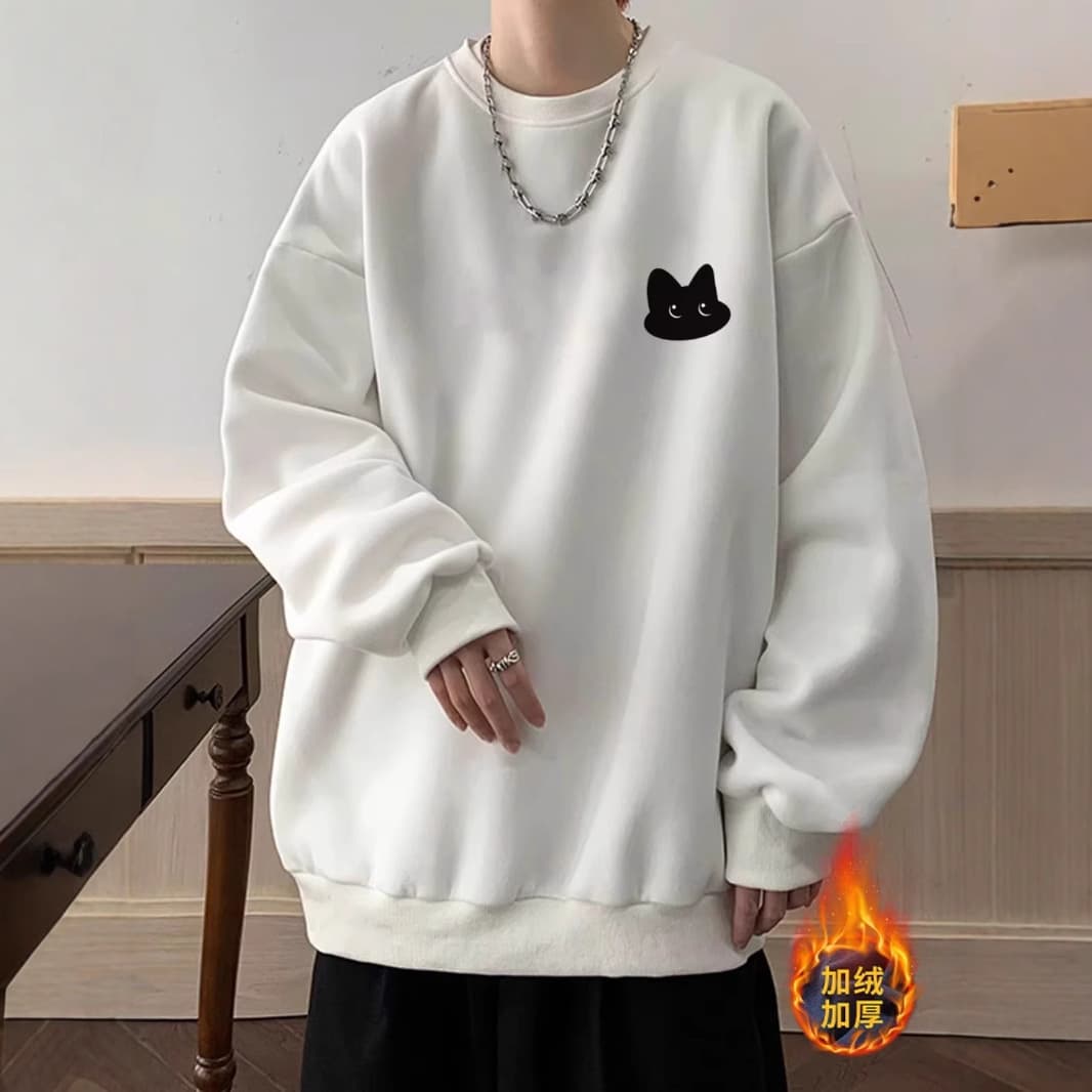 トレーナー メンズ 猫顔刺繍ゆったりトレーナー