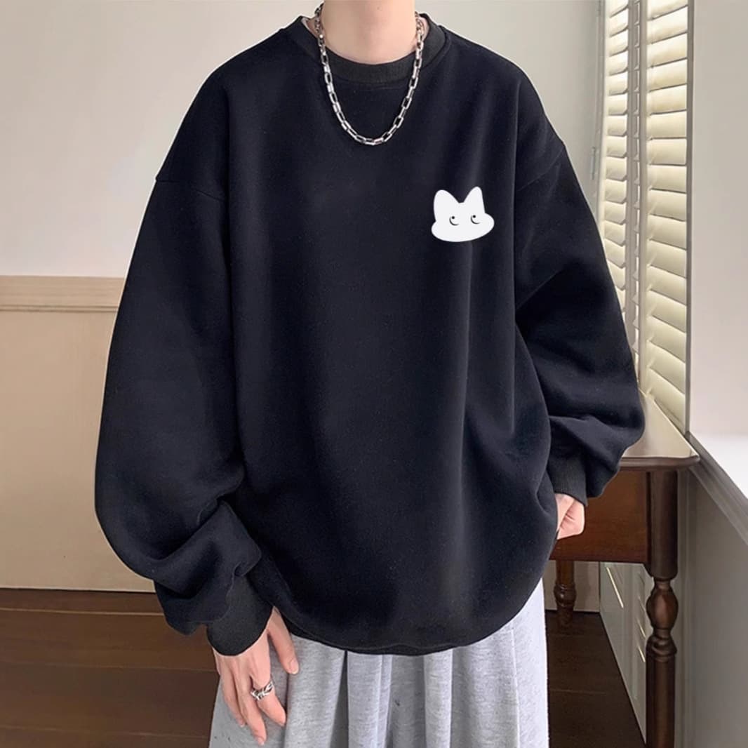 トレーナー メンズ 猫顔刺繍ゆったりトレーナー