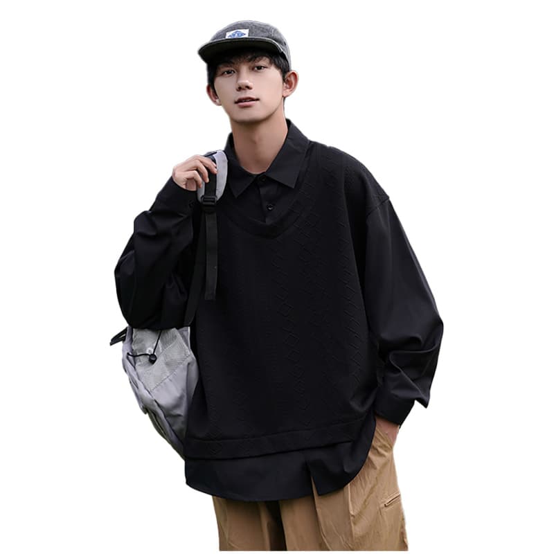 トレーナー メンズ 重ね着風 ダイヤ模様 ベスト トレーナー
